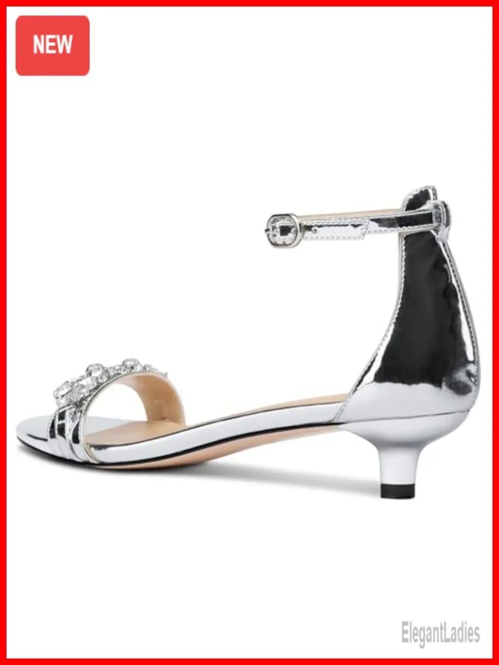 Womens Low Kitten Heel Peep Toe Ankle Strap Sandals Rhinestone Crystal Buckle
